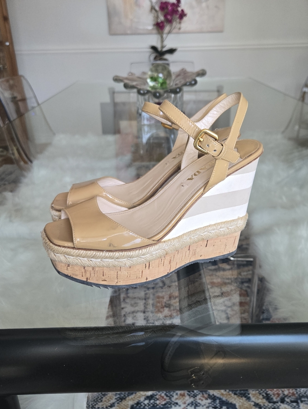 Prada Tan Beige Leather Espadrille Wedge Sandals Square Peep Toe Heels 40 - Picture 6 of 15